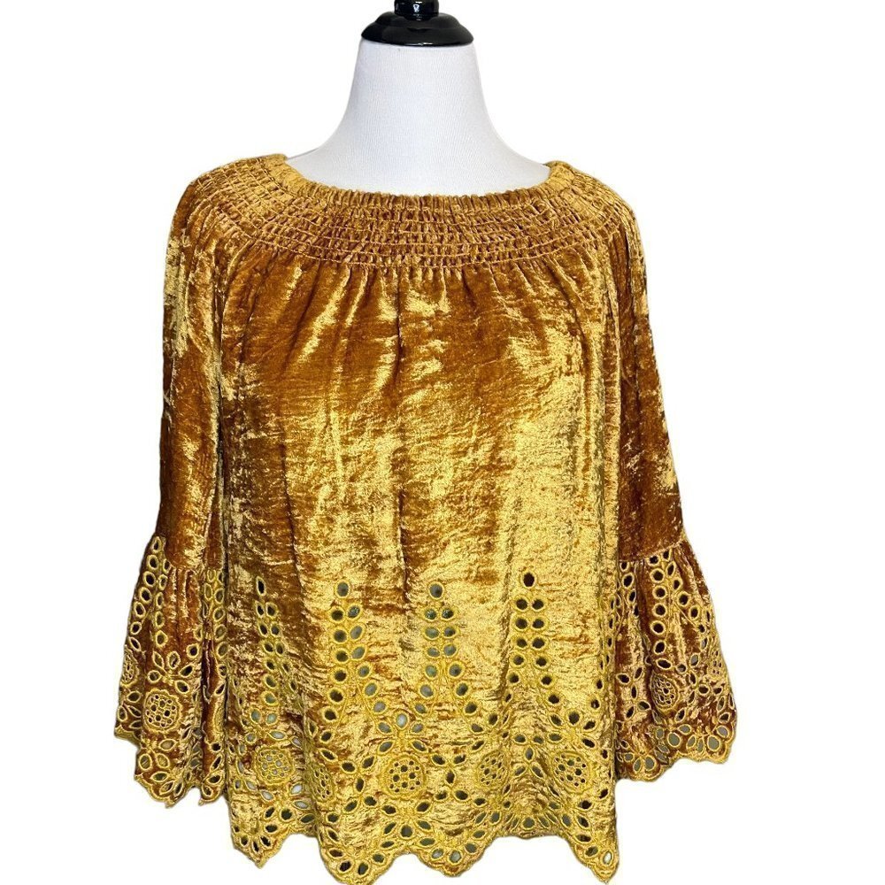 John Mark Marigold Gold Eyelet Velvet Smocked Off-The-Shoulder Top Sz M NWT $149